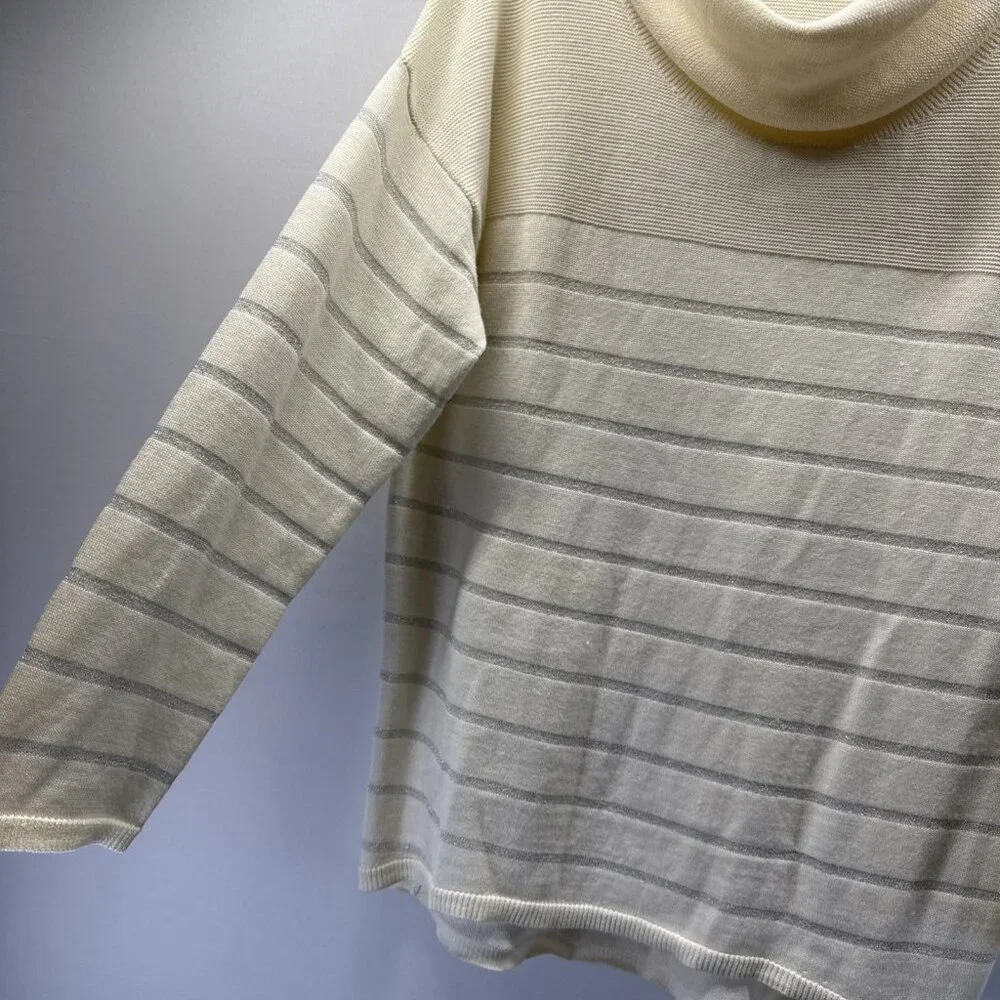 Coldwater Creek Sweater Sz‎ Large Ivory Silver Metallic Stripe Merino Wool Blend
